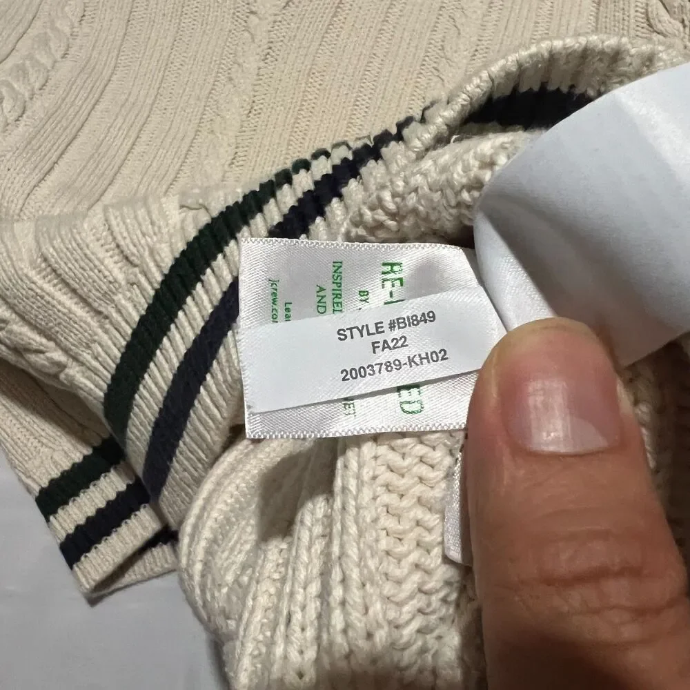 J.Crew Men's Heritage Cotton Cable-Knit V-Neck Sweater Cream Striped XL BI849